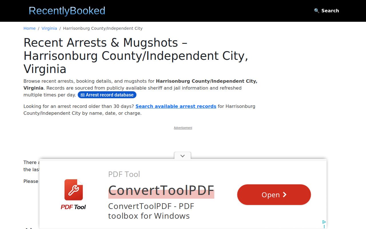 Unofficial RecentlyBooked Harrisonburg City landing page requiring official record verification