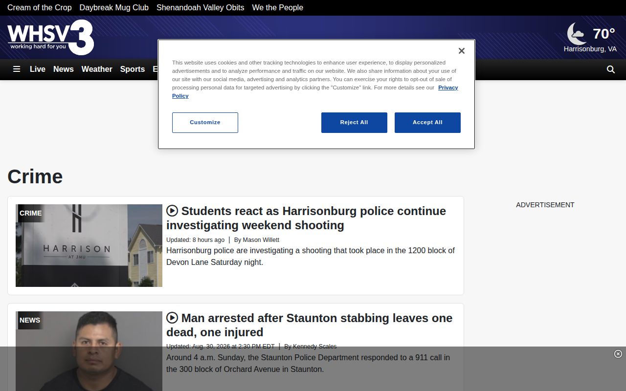 WHSV Crime reporting page with Harrisonburg City and regional public-safety stories
