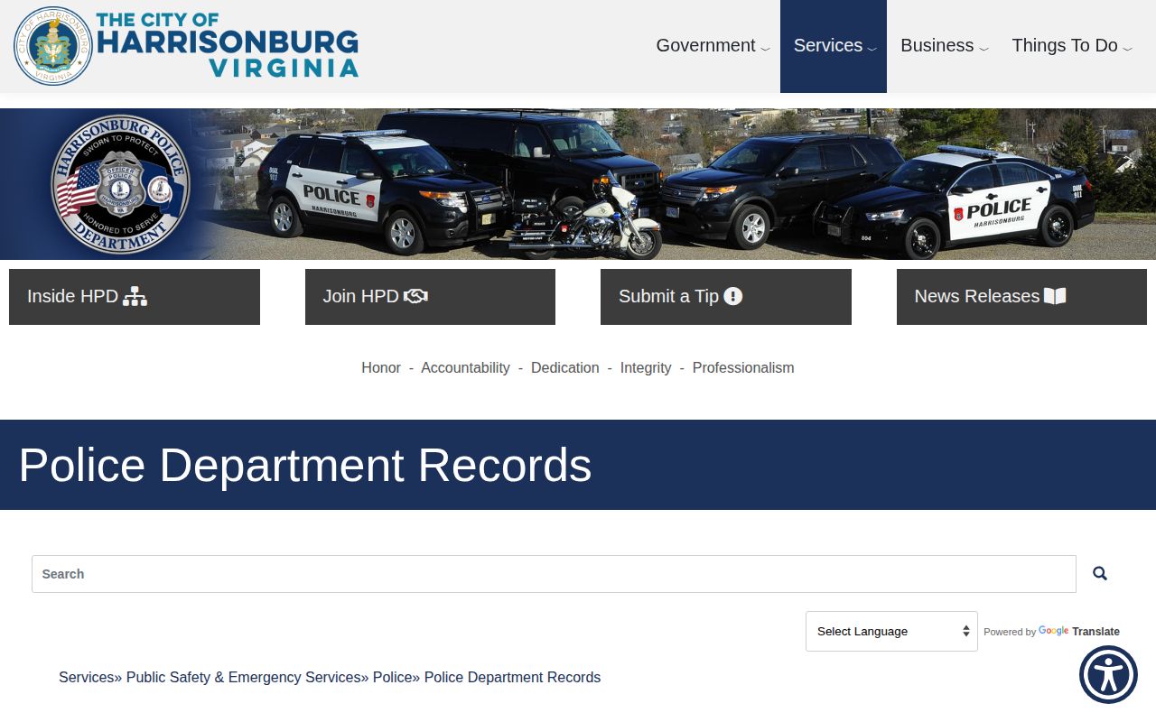 Harrisonburg City police records request page for arrest record access