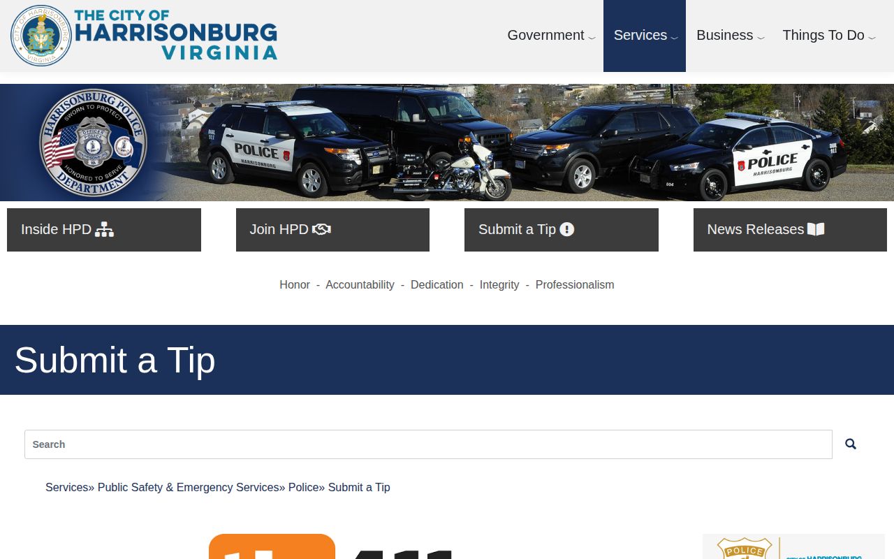 Harrisonburg City tip411 public-safety app information, not a jail roster